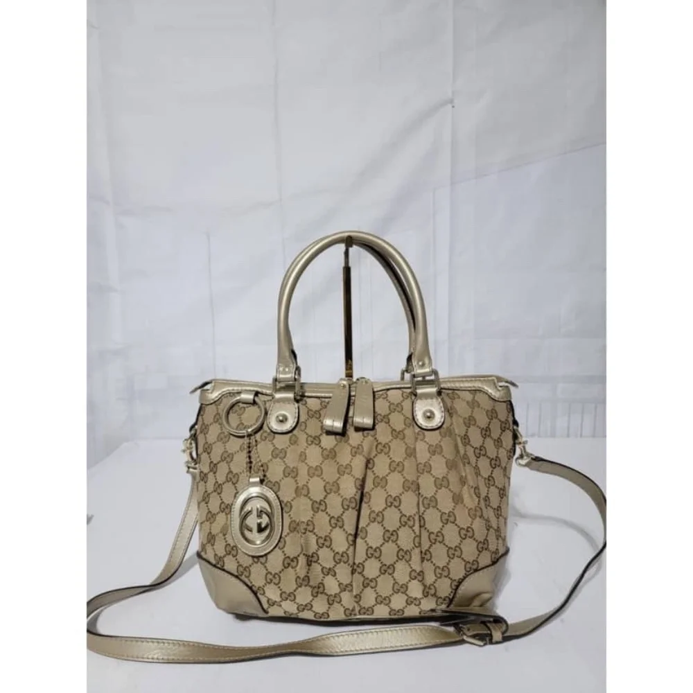 Authentic GUCCI Monogram Medium Sukey Satchel Bag Golden Beige